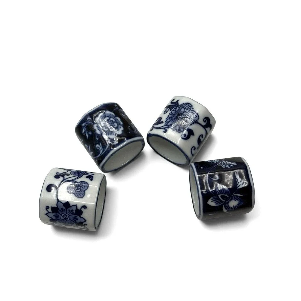 Pier 1 Imports Set of 4 Porcelain Napkin Holders Blue & White Chinoiserie NOS